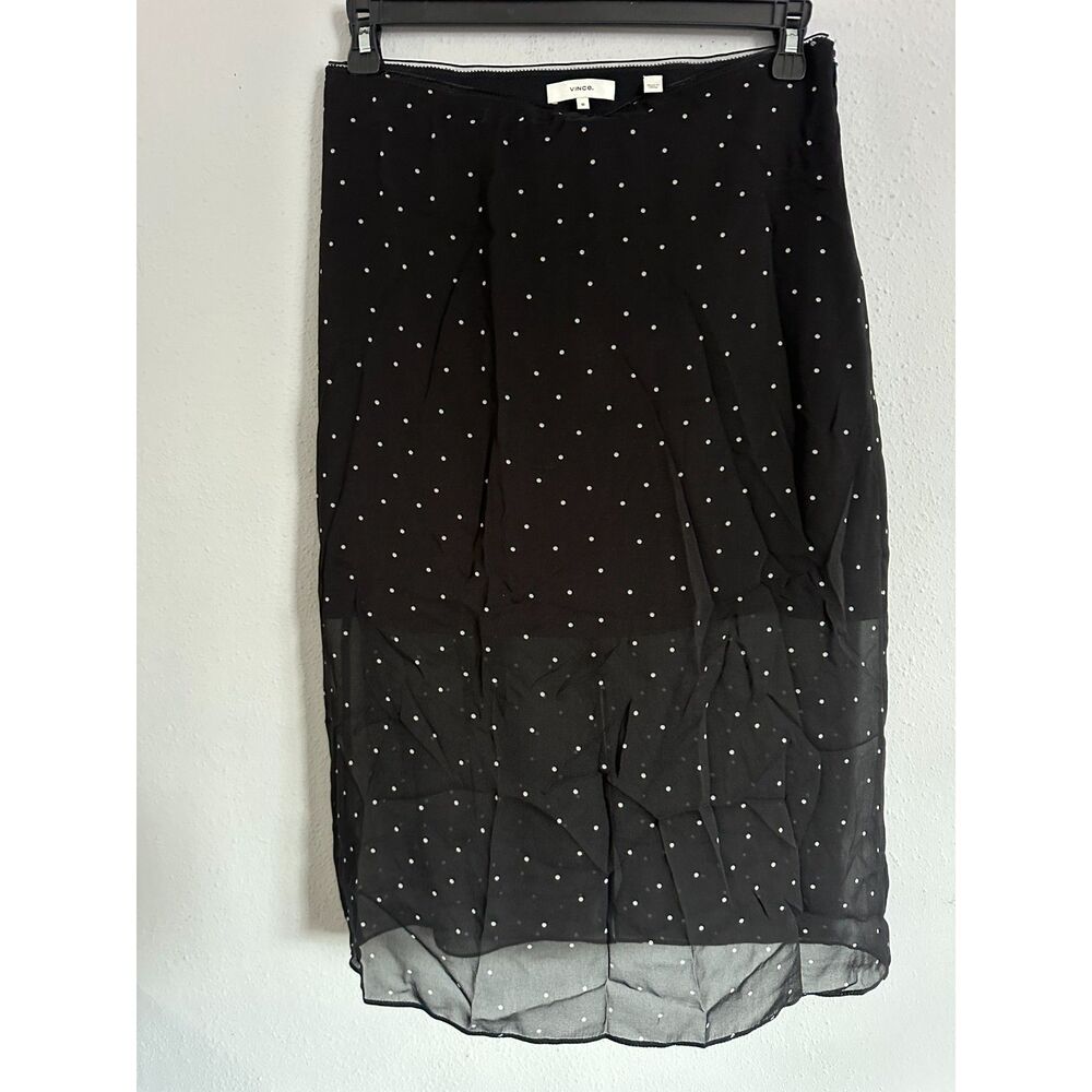 Vince Black Silk Polka Dot Midi Skirt Side Zip Lined Size 10